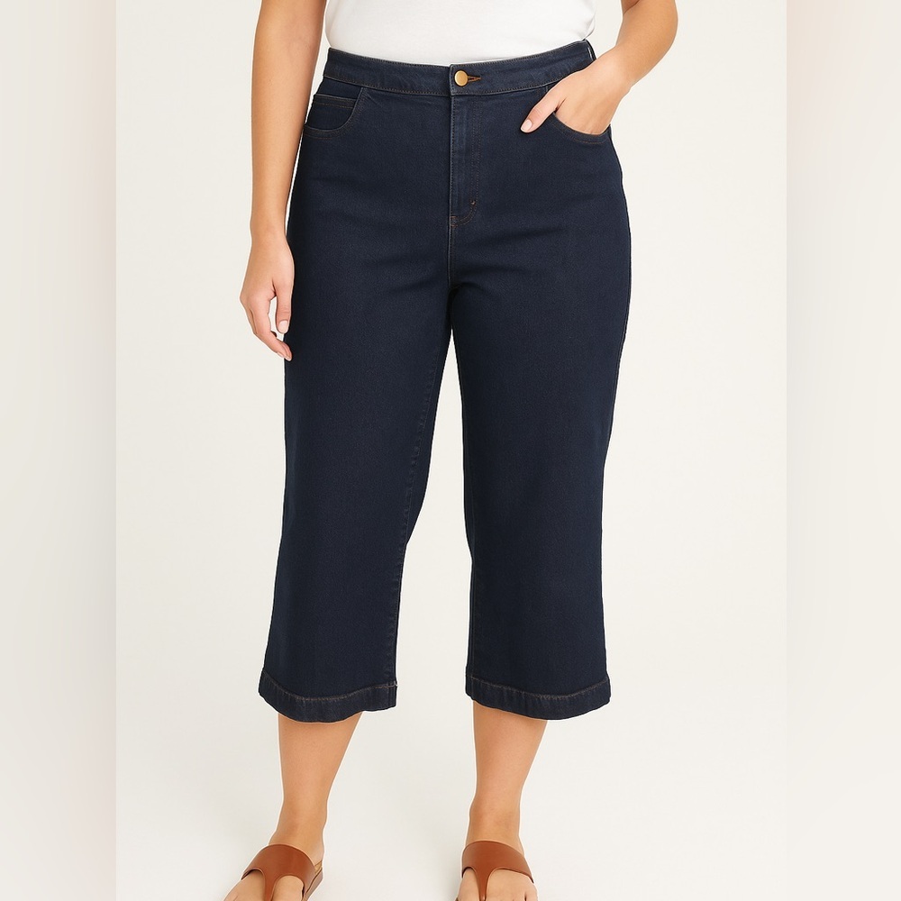 Eileen Fisher Dark Wash Wide Leg Cropped Capri Jeans Sz Medium